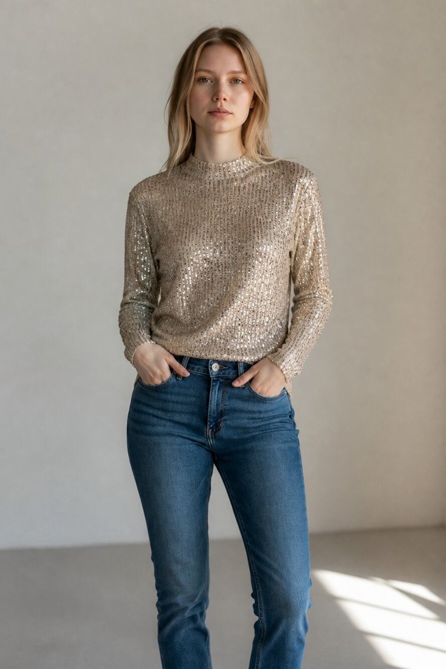 Abercrombie & Fitch Cream Silver Sequin Mock Neck Long Sleeve Blouse Top Size S